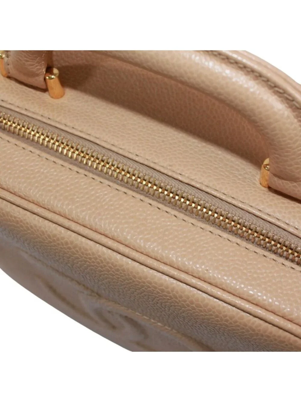 Chanel CC Logo Vanity Bag Caviar Leather Beige Handbag Gold